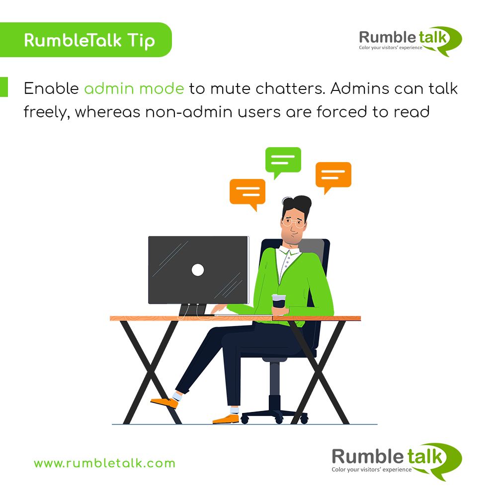 RumbleTalk's tweet image. Need to stop the conversation for a while? You can pause everyone from chatting and just listen to admins by enabling admin mode. This will allow only admins to talk in the chat. 

buff.ly/2Qgj1lb

#adminmode #modchat #moderatedchat #chatmoderation #onlinechat #chattools