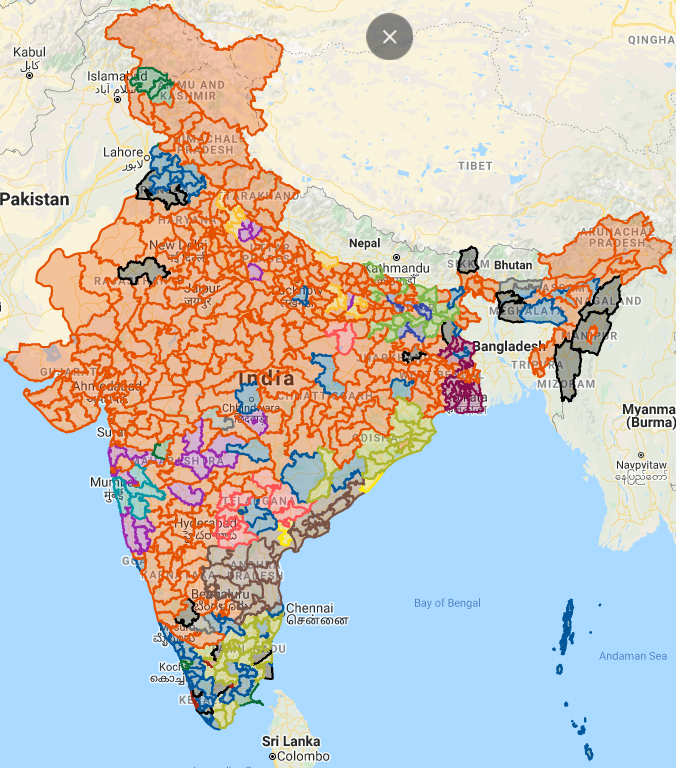 Map of 2019 LS elections. BJP held onto most of its seats and made further inroads into the eastern and southern states. /4