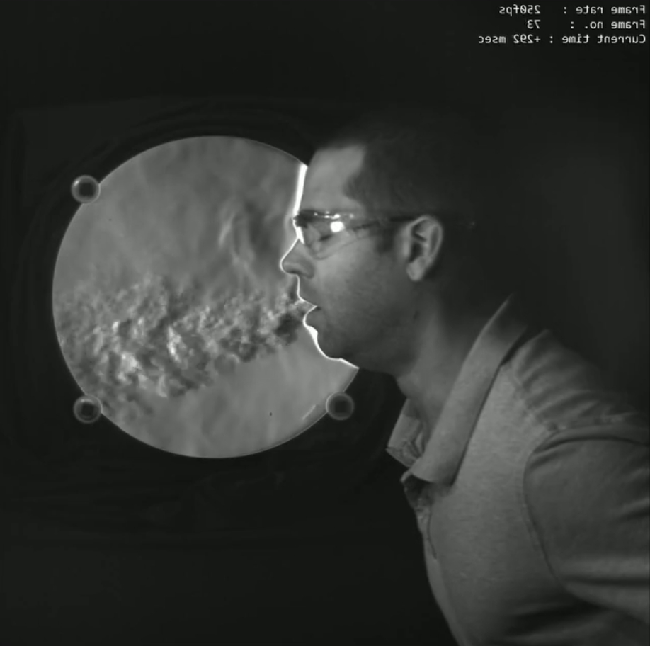 OpticaWorldwide's tweet photo. #TBT - The more than century old optical technique known as schlieren photography captures human cough airflows over long distance with and without face masks.  Read about this #EnabledByOptics approach in @OPNmagazine https://t.co/qTlDKDckq1 #illuminatewithoptics @NIST https://t.co/xlLfVVwPzf