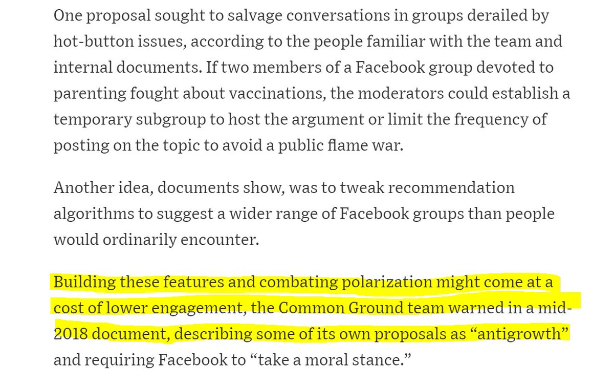 FB's Common Ground team suggested product changes, such as tweaking the recommendation algs or trying to salvage derailed conspiratorial conversations through moderation. But it warned in 2018 combating polarization would mean lower engagement and would be "antigrowth."