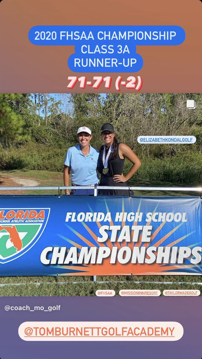 TomBurnettGolf's tweet photo. Elizabeth Kondal, fired 71-71 (-2) to claim 2nd in the FHSAA State 3A Championship last week at Mission Inn! @FHSAA #ElizabethKondal #Highschoolgolf #MissionInn #TaylormadeGolf #UnderPar #TomBurnettGolfAcademy #3A #BartramBears #FLGolf #Golf #GolfAcademy #RunnerUp https://t.co/nj9OAfm62e