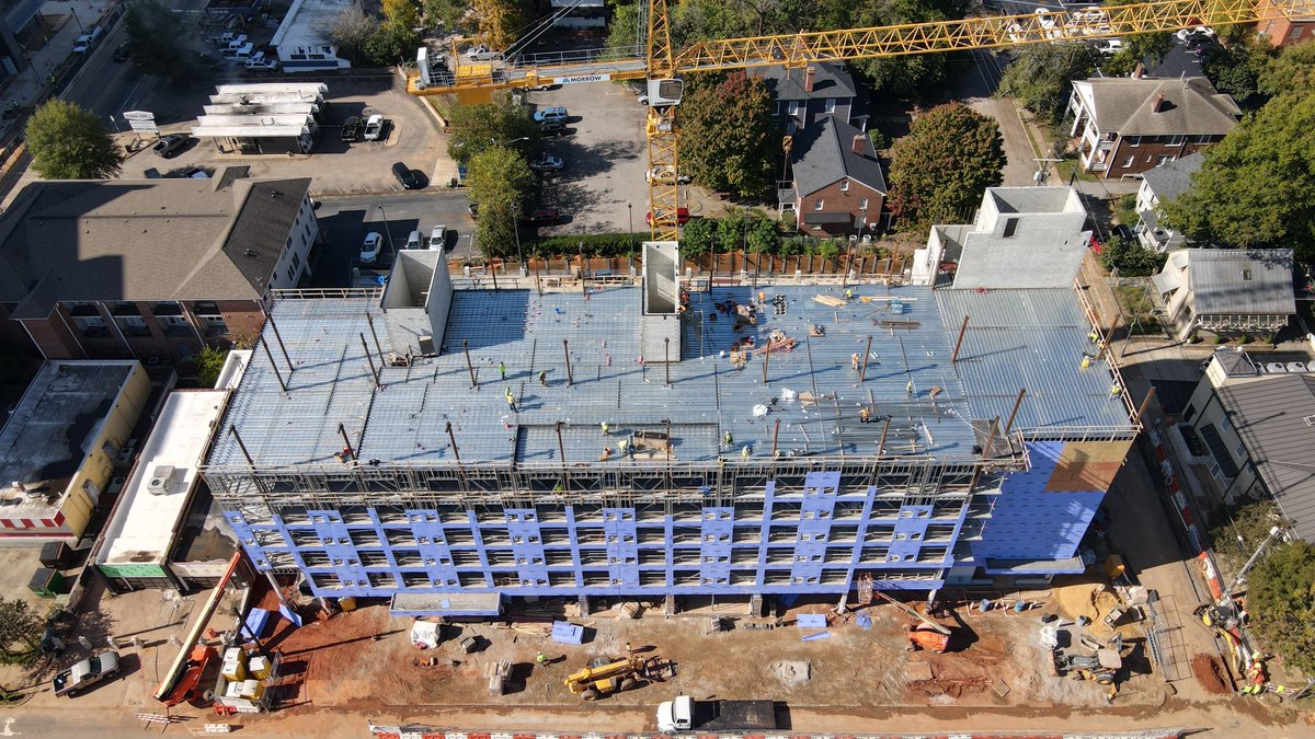 ClancyandTheys's tweet photo. Significant progress is being made on the Marriott AC in Raleigh, NC. The columns for the roof framing have been set and we expect to be topped out before Thanksgiving. We appreciate the team’s dedication and efforts in reaching this milestone! #theclancyway #builtoncollaboration https://t.co/nUgWjXyBWi