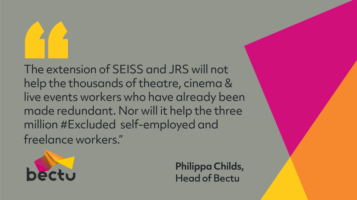 bectu's tweet image. Bectu welcomes the extension of SEISS and the Job Retention Scheme. There are, however, gaping holes that still need to be addressed. 

Read Bectu's full response to today's #Government announcement here 👉bit.ly/3n1jseR

@philippachilds @ExcludedUK @ForgottenPAYE