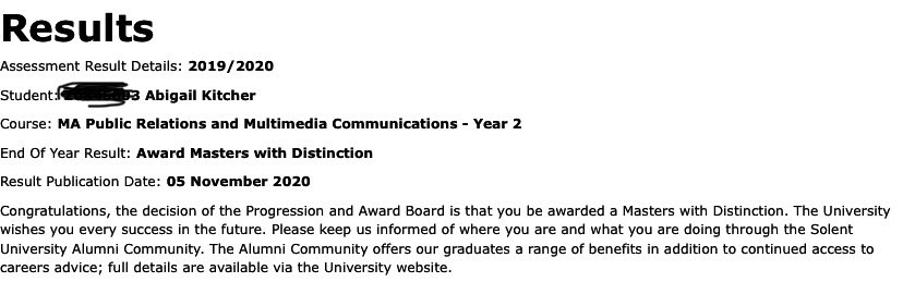 So pleased to find out I have achieved a Masters with Distinction. 😆 After 3 years studying PR at undergrad, I missed learning too much and am so glad I came back and did my Masters part time. I fell back in love with learning again. Thank you <a href="/PR_Solent/">Solent PR</a> @solentuni 👩🏼‍🎓🥳