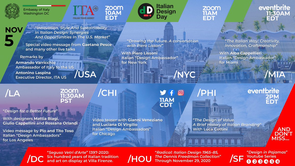 Annual Italian Design Day today! Cities across the country have events, don't miss them! Links to events below. 👇
Follow @ItalyinUS on Facebook and Instagram to stay tuned #ItalianDesignDay #IDD2020