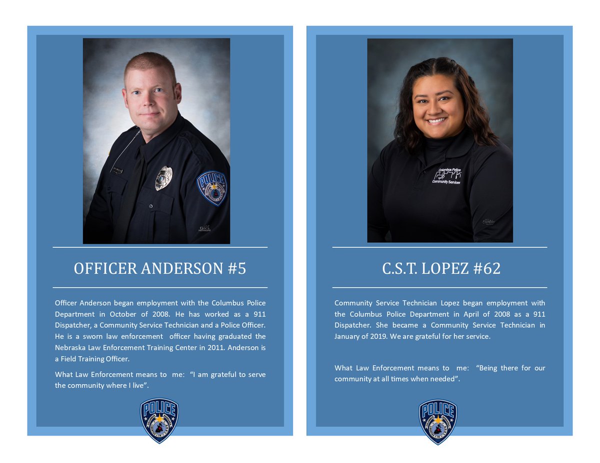 Columbus_NE_PD's tweet photo. Congratulations to Officer Anderson on his 12th Anniversary at Columbus PD! Congratulations to C.S.T. Lopez on her second 5th Year Anniversary! They are great assets to our team at CPD! #anniversary #cpd2020 #community https://t.co/VpulLRDnHl