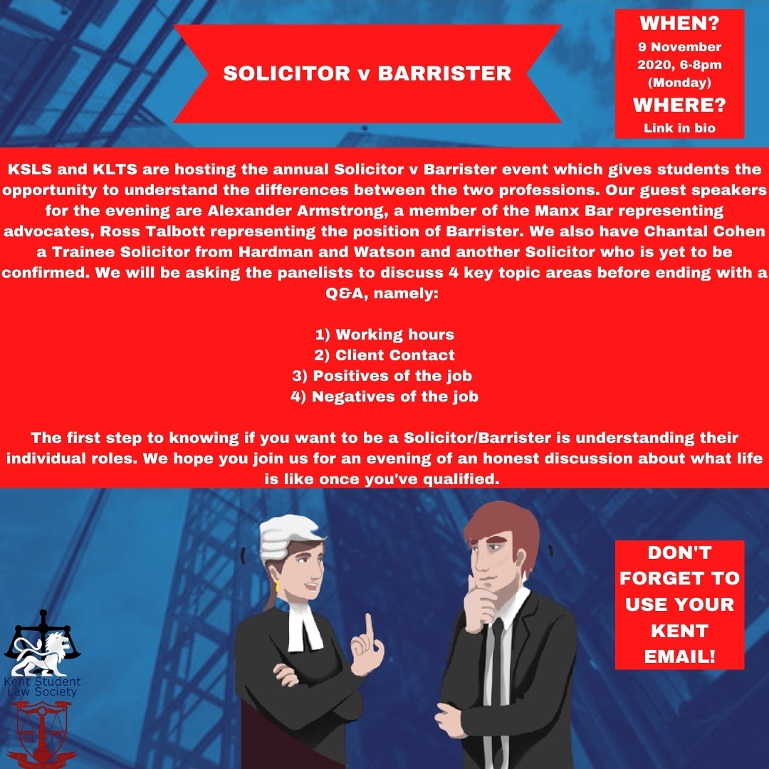 KentStudentLaw's tweet photo. On Monday, we will be hosting our first event of the year with @kentlawtemple society! The talk will consist of a panel of professionals discussing the key differences between being a barrister and a solicitor. Not one you are going to want to miss!

https://t.co/S2KpU4mdbh https://t.co/nJ3d2CU1kZ