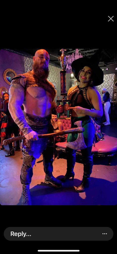 Adamscherr99's tweet photo. Oh yea forgot...... Totally won a costume contest dressed as #Kratos big thx to @RaquelWWE for doing my makeup!!! Ya big bad Witch. #GodOfWar https://t.co/bsWvqKHZfI