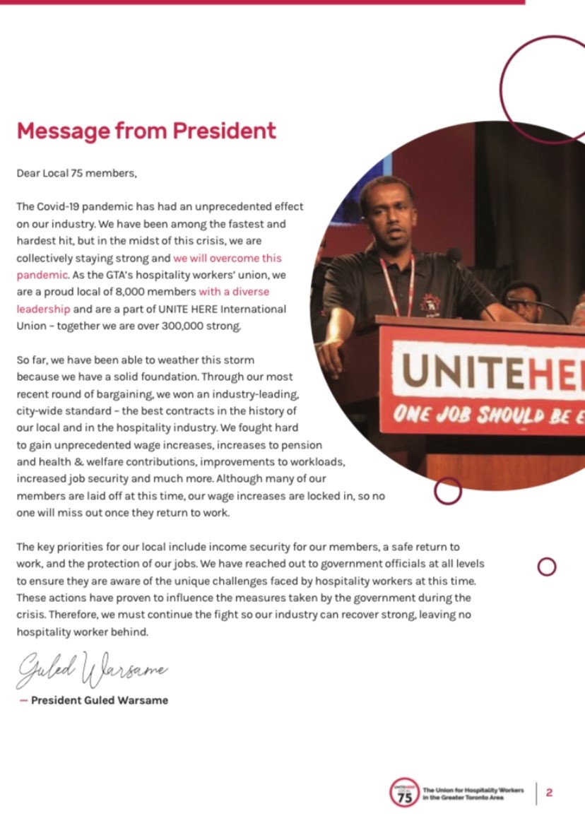UNITEHERE75's tweet photo. “In the midst of this crisis, we are collectively staying strong and we will overcome this pandemic.” Read Local 75 President, Guled Warsame's message that highlights the local’s key priorities as we look forward to a road to recovery that leaves no worker behind! #canlab #1job https://t.co/rdPe7iMHPF