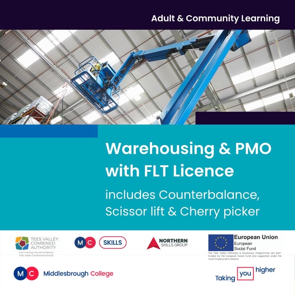 MC_ACL_'s tweet photo. Looking for Warehousing work but need your Fork Lift Licence? Our 5 wk course provides FREE training &amp; funds your FLT Counterbalance Licence (cherry picker &amp; scissor lift also available) Call us on 01642 333378 for details. #SparklingFutures #MiddlesbroughCollege @JCPinDurhamTees https://t.co/GYgEj8LkxI