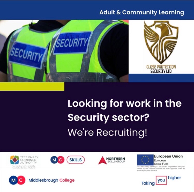 MC_ACL_'s tweet photo. Want a career in the Security sector?
Our 3week course is in partnership with leading firm, Close Protection Security. We provide FREE training &amp; fund your SIA Security badge, plus job interview guaranteed.
Call us on 01642 333378 for details. 
#SparklingFutures @JCPinDurhamTees https://t.co/jDskhupciE