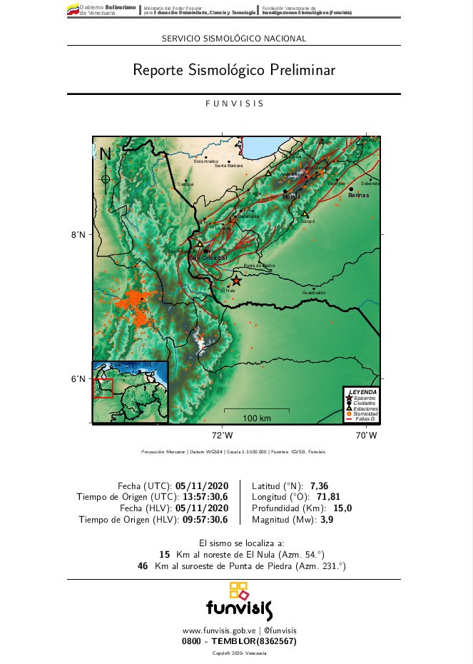 SomosFunvisis's tweet photo. @SomosFunvisis
#SISMOSENTIDO
2020/11/ 5 09:57
Mag (Mw): 3.9
Prof: 15.0 km
Epicentro: 
Lat 7.361 N 
Long 71.808 O
15 Km al noreste de El Nula https://t.co/L1YS4zTzsW