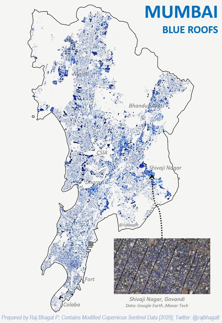  #30DayMapChallenge Map 5: BlueBlue domintes  #Mumbai's roofing scene. Map shows areas where blue coloured roofs are prevalent. Created based on a simple processing of  @CopernicusEU Satellite imagesMore: https://twitter.com/WRIIndia/status/1319165743804469248