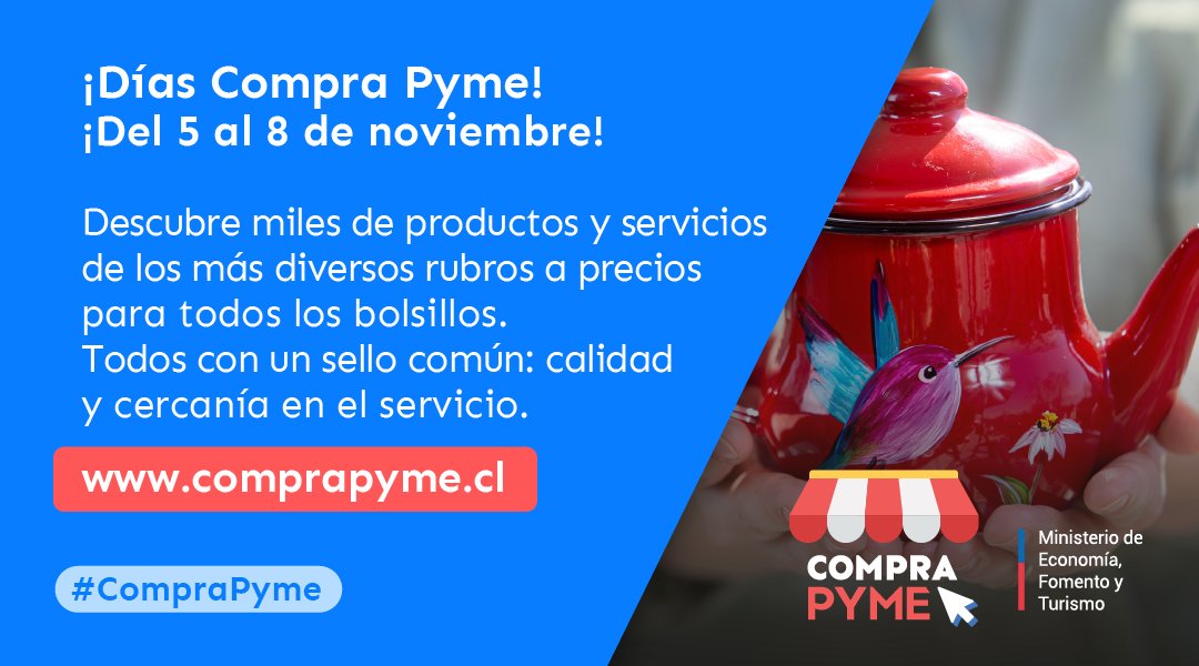 CamaraNacional's tweet photo. 📢¡Hoy comienzan los días #CompraPyme! 

Si eres de los que valora la calidad y el servicio que las #pymes entregan, no puedes perderte los días #CompraPyme✨

Del 5 al 8 de noviembre, ingresa a https://t.co/a90cH8TjXR y descubre lo mejor del #emprendimiento nacional 👇 https://t.co/DE5s5hWJ8v