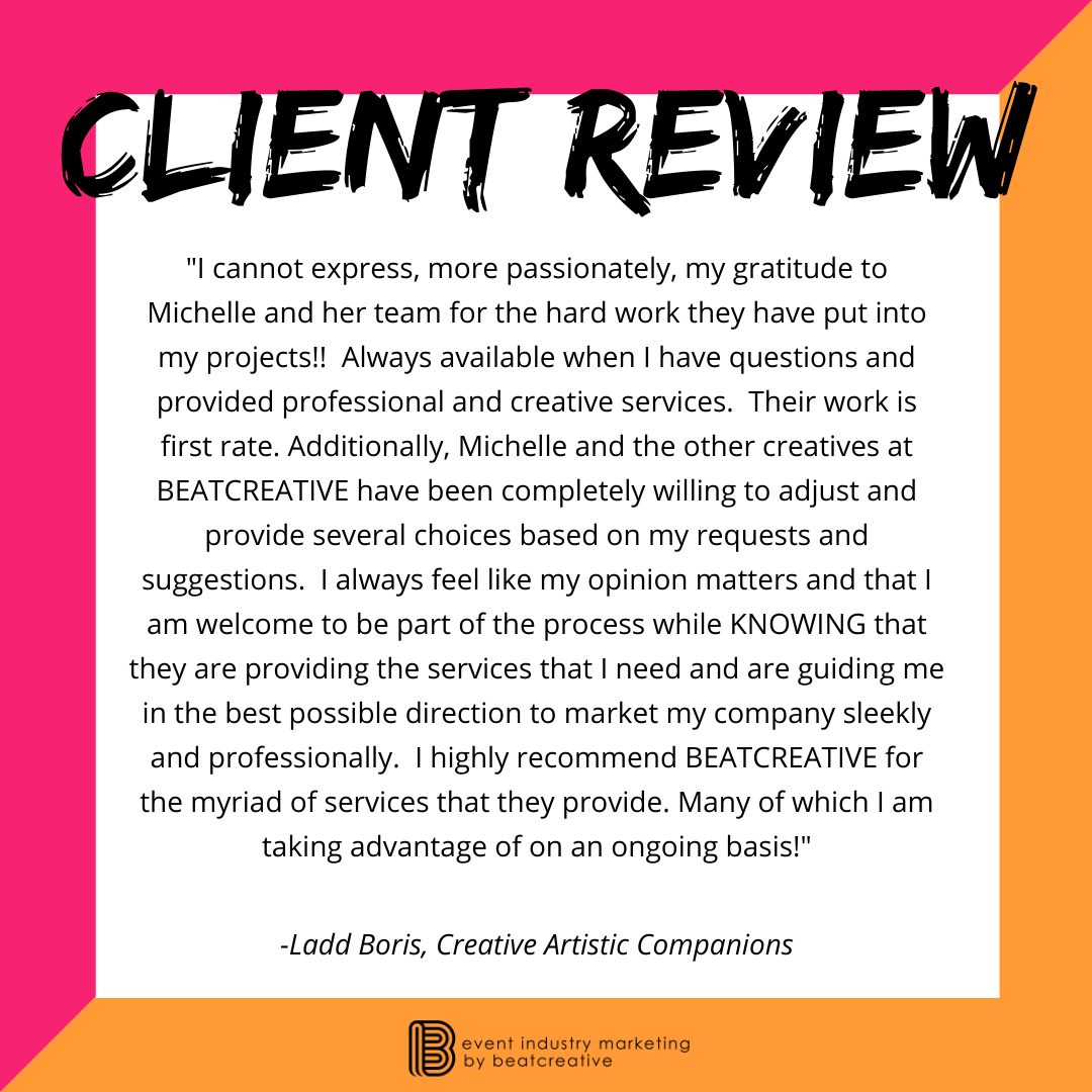 BeatCreative's tweet photo. Thank you, Ladd, for this kind Facebook review! We are grateful for you and your business! #BeatCreative #EventIndustryMarketing https://t.co/LAKRWAY4EP