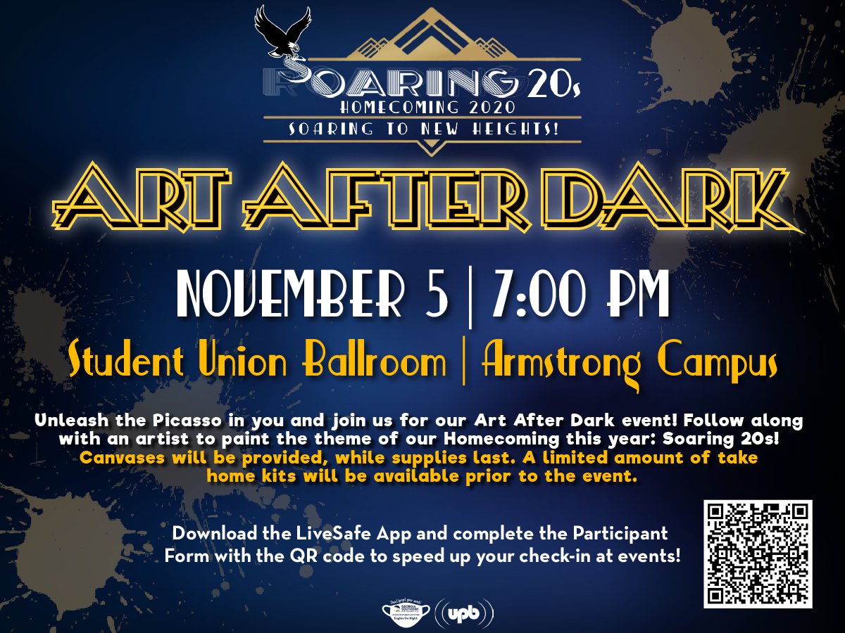 Unleash the Picasso in you and join us TONIGHT for our Art After Dark event at 7 pm on the Armstrong Campus in the Student Union Ballroom!  A limited number of take home kits will be available for pick up today from 11 am - 1 pm at the Student Union Patio. #Soaring20s #ItsUp