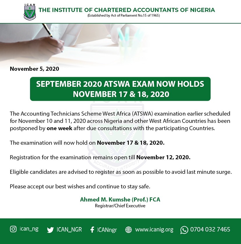 ATSWA Examination for November 2020 Rescheduled
