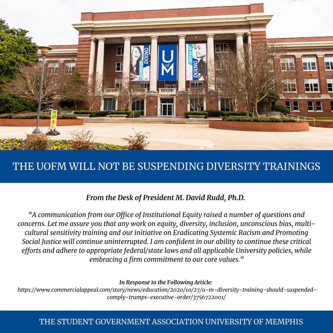 SGA_UofM's tweet photo. The University will NOT stop diversity training. The following statement provided by President Rudd highlights the University of Memphis continuous fight for diversity and equality on campus. #gotigersgo 🐯💙 https://t.co/BKtiCjWJvh