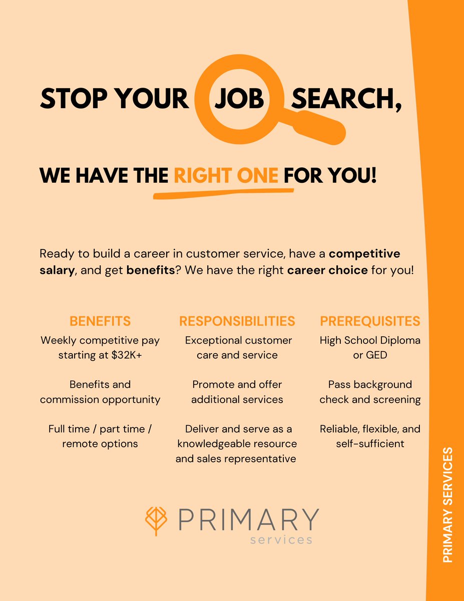 primaryservices's tweet image. Ready to build a career in customer service, have a competitive salary, and get benefits? Learn more about our open customer service and sales representative positions. ow.ly/aJTS50CcoFr