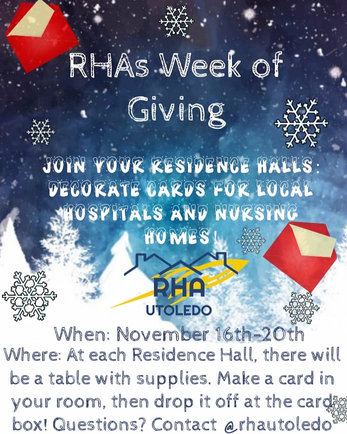 rhautoledo's tweet photo. Start giving early during RHAs Week of Giving! Keep a look out at your Residence Halls for card making supplies!  When finished, just drop your card off in the card box in the lobby of your res hall by November 20th. These will be donated to local nursing homes and hospitals. https://t.co/5VdYlkz12k