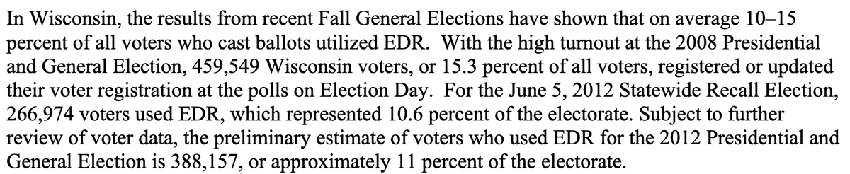 This, some (including Strassel) might argue, does not explain the gap. EDR can't be that high, right? Actually according to this 2013 report on possibly dumping it, EDR is a) generally around 10 - 15% and b) EDR rises as turnout rises (naturally) https://elections.wi.gov/sites/elections.wi.gov/files/publication/65/final_edr_report_02_18_2013_pdf_86368.pdf