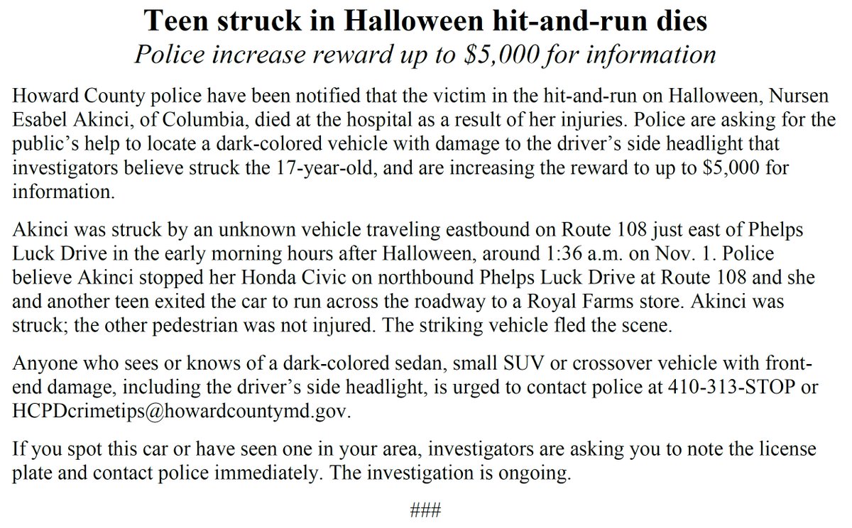 HCPDNews's tweet photo. UPDATE: Teen struck in Halloween hit-and-run dies; police increase reward up to $5,000 for information. Full release (PDF): https://t.co/u4Ta4PNvvW https://t.co/eF8rK2SxUY