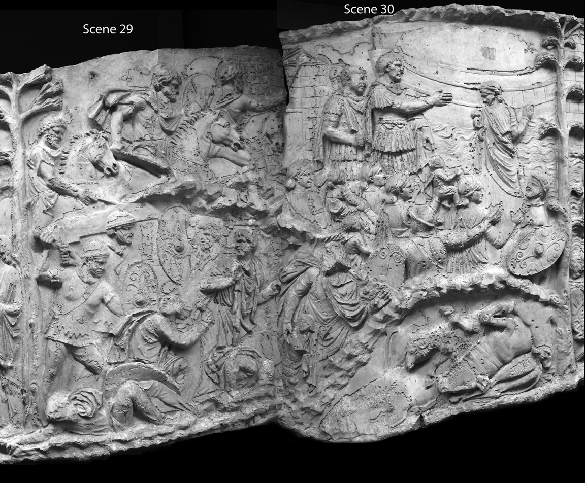 Trajan pardons a Dacian woman in scene 30, demonstrating his compassion (3). Trajan is not a heartless warmonger. Like Augustus, he fulfills many roles for his peopleThe frieze is somewhat rare in how it humanizes the Dacians. They can be honored and given mercy