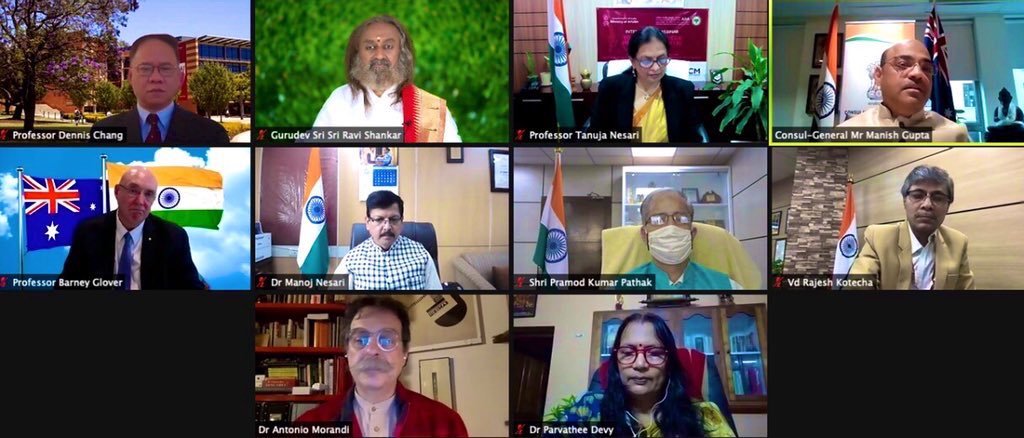 Gurudev's tweet photo. Addressed a webinar on 'Yoga &amp; Ayurveda- Medicine For Mental Wellness' in the presence of Shri @ShripadYNaik, AYUSH Minister, GOI. @AIIA_NDelhi, @moayush, and @westernsydneyu jointly organized the webinar. https://t.co/7TDfyihi6u
