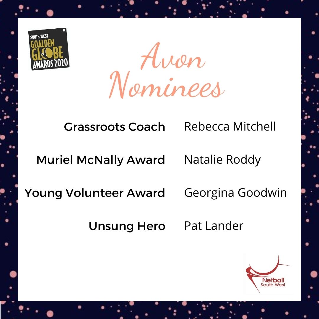 NetballinAvon's tweet photo. Well done to the amazing Avon nominees in the @NetballSW Goalden Globes, which takes place virtually on Friday 20th November. Fingers crossed for Avon! 🤞

Nominators and nominees - don't forget to register via the link in your email to attend.

@AvonNetball https://t.co/D4N9UBYQRn