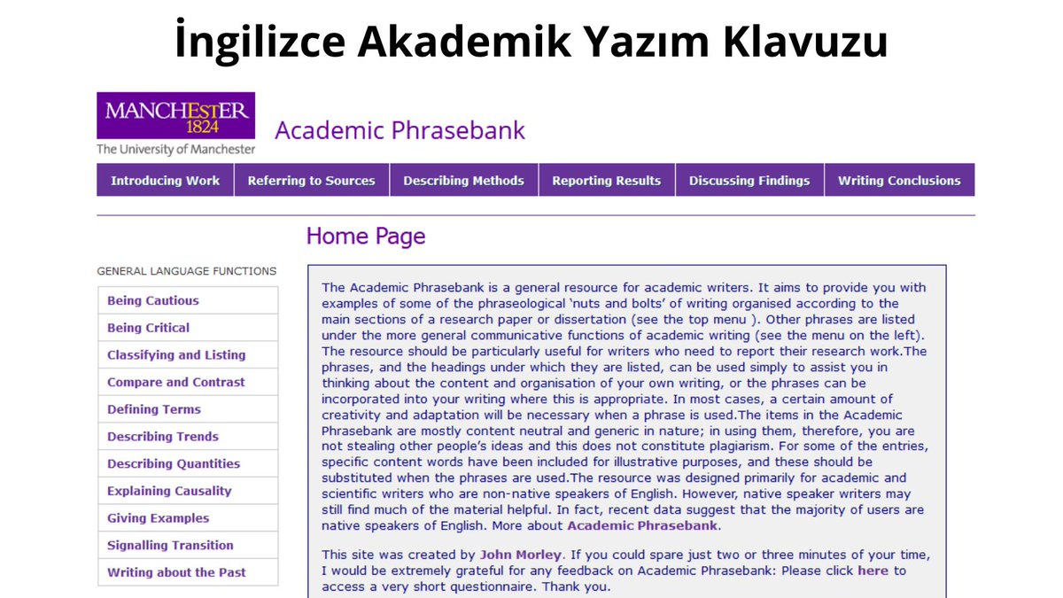 Manchester Üniversitesi'nin hazırladığı Akademik Yazım Klavuzu her seviyeden ingilizce bilgisine sahip araştırmacılar için yararlı bir kaynak. Klavuz araştırma makalelerinde veya tezlerde bulunması gereken bölümlere göre akademik yazım kalıpları sunuyor:

phrasebank.manchester.ac.uk