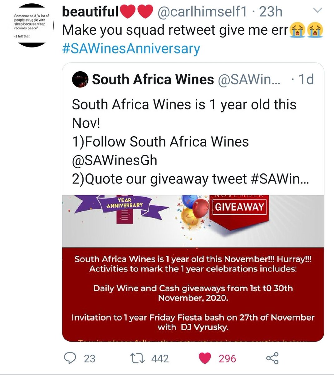 SAWinesGh's tweet photo. The winner of our yesterdays' retweet giveaway for #SAWinesAnniversary is @carlhimself1 with the most retweets (443) within 24 hours.

He wins a cash amount of Ghc100 and a pack of 6 canned wines and he will be attending our 27th Nov #SAWinesBirthdayBash with DJ Vyrusky 🥳🍷🍾🥂 https://t.co/tvmI3ugvgE