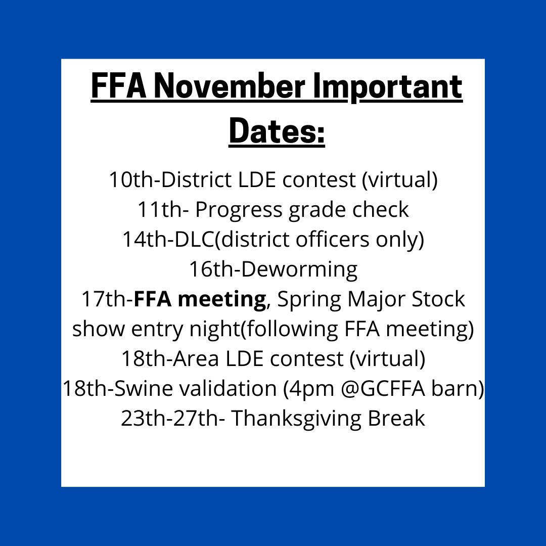 Good Morning yall! Here are the November important dates! #GCFFA #CHPanthers #GHSUnity