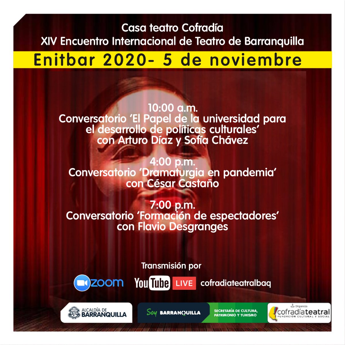 SecCulturaBaq's tweet photo. 🎭Desde hoy y hasta el 15 de noviembre, Barranquilla Respira Teatro con la XIV edición del Encuentro Internacional de Teatro de Barranquilla en el Atlántico y la Región Caribe, #Enitbar. Un evento que también migra al escenario virtual y que puedes disfrutar en YouTube o en Zoom https://t.co/9g81O13VIp
