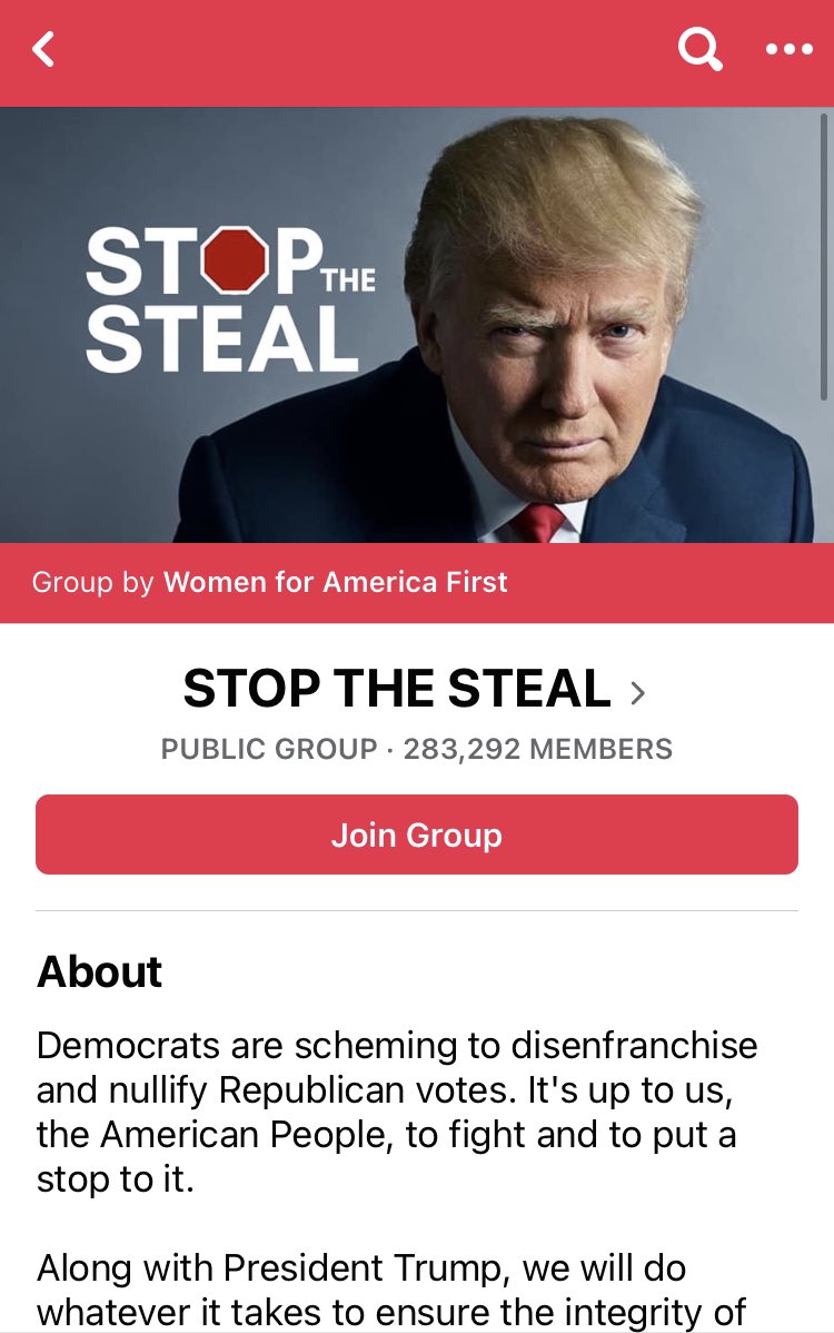 Here’s the “Stop the Steal” group, created November 4th, and now at 283K+ members and growing strong. (H/t  @donie )