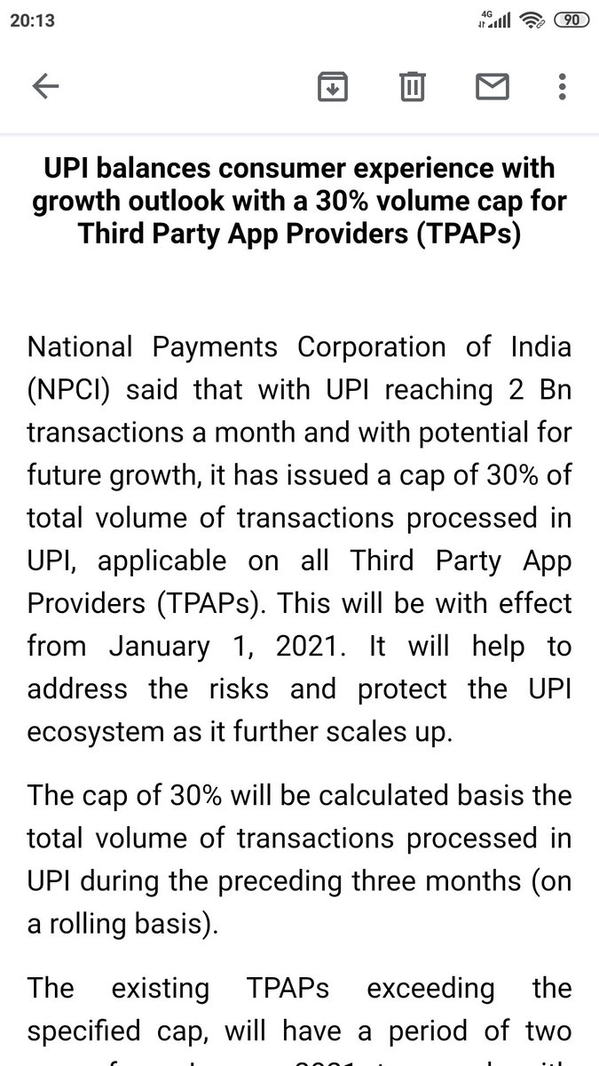 artijourno's tweet photo. It's official: To limit UPI dominance, NPCI issues a 30% volume cap for third party app providers (such as GooglePay, PhonePe). #payments #fintech https://t.co/E2mTez8lFE
