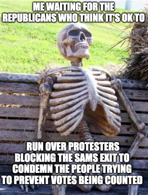 daydreamreader's tweet photo. Me patiently waiting for Republicans who think it's ok to run over protesters block the Sam's Club exit, to condemn all the people trying to stop the count https://t.co/cOlWInxVJq