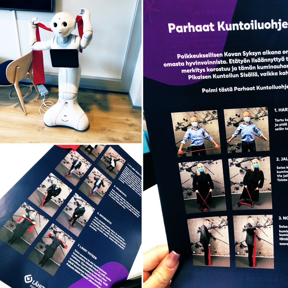 DudleyTaru's tweet photo. Tehtiin koko henkilöstölle parhaat kuntoiluohjeet syksyyn, jos kaipaat vinkkejä venyttelyyn tai kumijumppaan, niin tässä 😎 (tämän tekeminen oli mahtavaa, kiitos @latvalanhanna, tästä puuttuu tosin ne parhaat kuvat 😂 vai mitä @sami_hasa?) #LähiTapiolaPKS #Elämänturva https://t.co/5Jbh1KqGFV