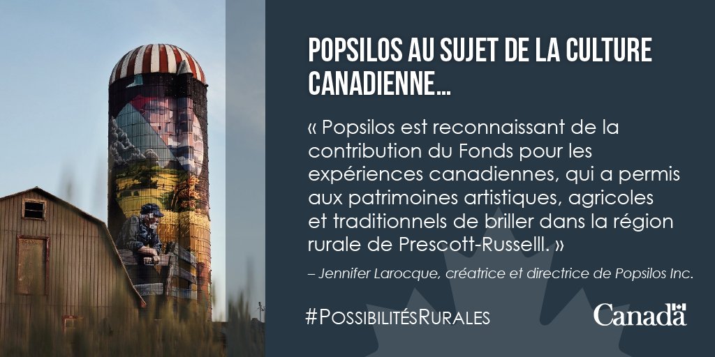 Avec les investissements du #GC, le circuit Popsilos dans #ONrural transforme des silos agricoles en murales urbaines pour saisir l’essence de la communauté rurale.

Plus d’info ➡️ ow.ly/vAMc50BYPkk 

#PossibilitésRurales #FondsPourLesExpériencesCanadiennes