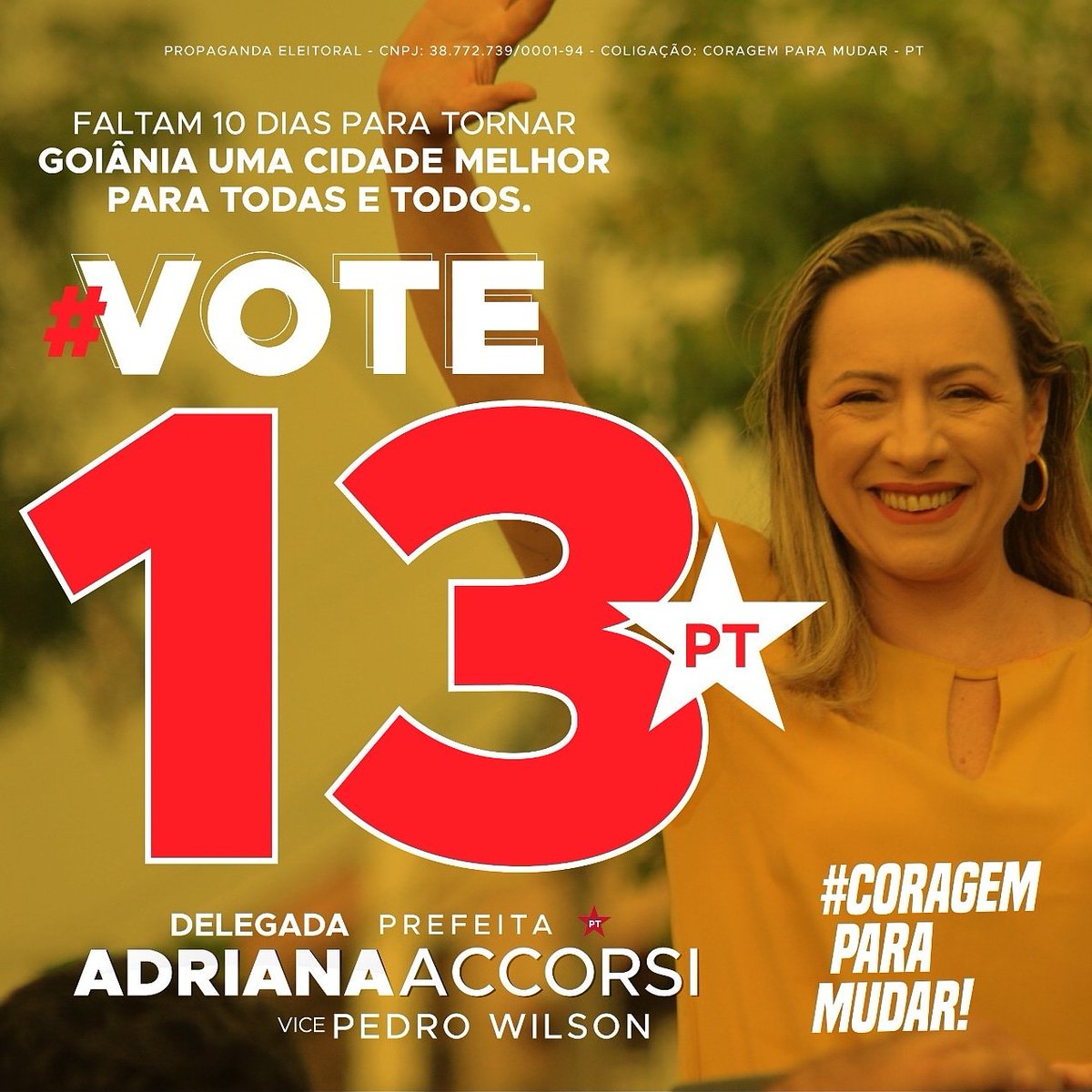 Adriana_Accorsi's tweet photo. Faltam 10 dias para tornar Goiânia uma cidade melhor para todas e todos. Venha com a gente! ⭐

#Vote13 https://t.co/oNEP64zTEk