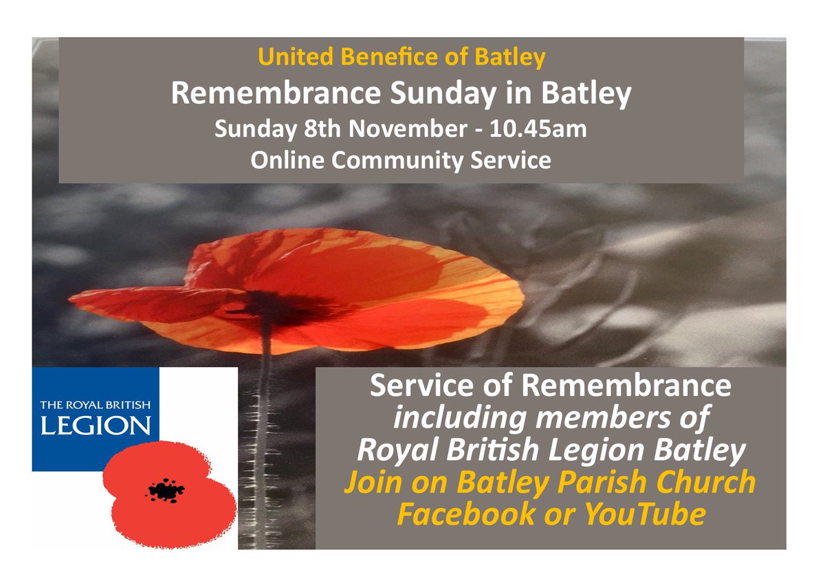 For #RemembranceSunday an online church service at 10.40am including members of <a href="/PoppyLegion/">Royal British Legion</a> #Batley, 2 mins silence &amp; other members of our local communities. Includes a specially recorded #WeWillRememberThem for 2020 featuring many local faces.
Watch party on Facebook or YouTube