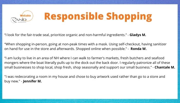 Over the course of our “Wellness for a Cause” challenge, our Rand employees completed over 6,617 Charitable Acts in their communities around North America. 
Take a look at some of the ways our team Shopped Responsibly!