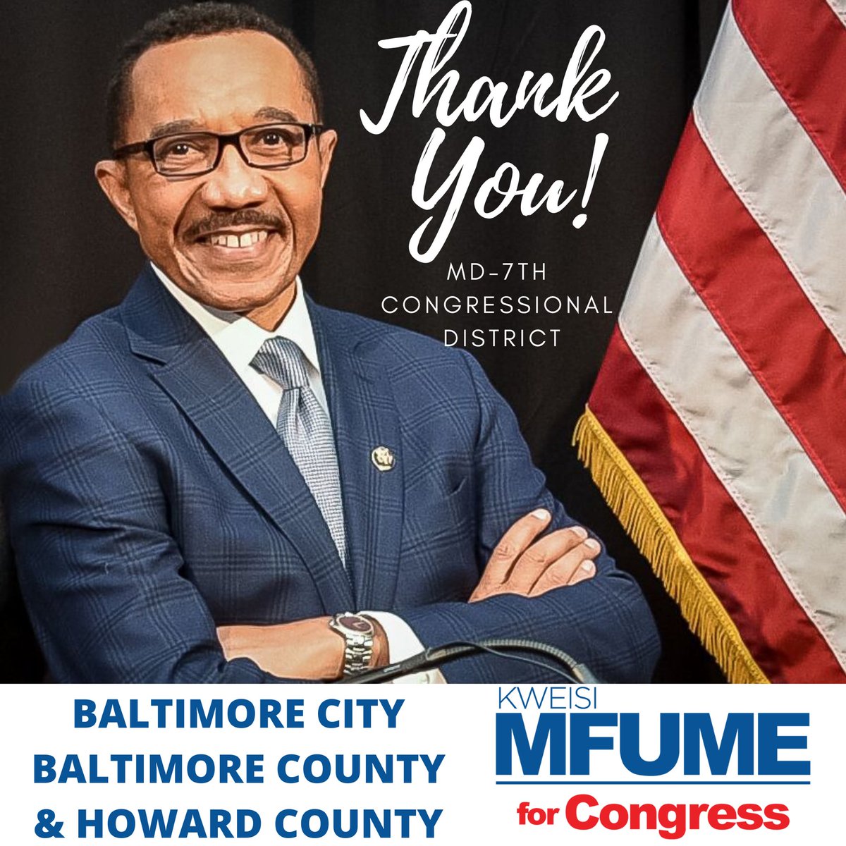 Mfume4Congress's tweet photo. I sincerely thank every volunteer and voter who supported our campaign and made their voices heard this election! I will continue to work and fight for the people of the 7th Congressional District. #ThankYou #OneDistrict #MfumeforCongress https://t.co/J9ahF3CWE9