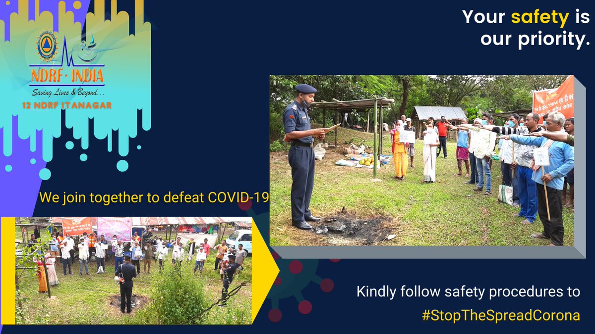12bnndrf's tweet photo. "We join together to defect COVID-19"
Campaign for covid appropriate behaviour carried out by 12 #NDRF Itanagar #ArunachalPradesh #Assam #Manipur #Nagaland
#IndiaFightsCorona
#Campaign4CovidAwareness
#Unite2FightCorona
#TogetherWeDefeat https://t.co/8wv5SAJAKq