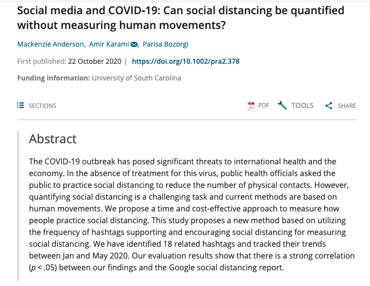 Karami_Amir's tweet photo. With Mackenzie Anderson and @parisabozorgi, published a paper at #asist20 on "Social media and COVID‐19: Can social distancing be quantified without measuring human movements?" Full Paper at https://t.co/KJ7fvVNvOi #covid19 #SocialDistancing @UofSC_iSchool @UofSC_CIC @UofSCbdhsc https://t.co/okWgypZmPS