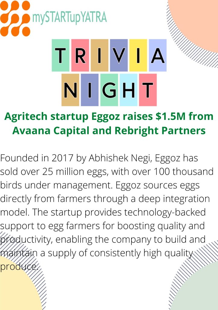 Founded in 2017 by Abhishek Negi, Eggoz has sold over 25 million eggs, with over 100 thousand birds under management. Eggoz sources eggs directly from farmers through a deep integration model.

#trivianight #eggoz #technology #startup #avaanacapital  #startupindia #biharstartup