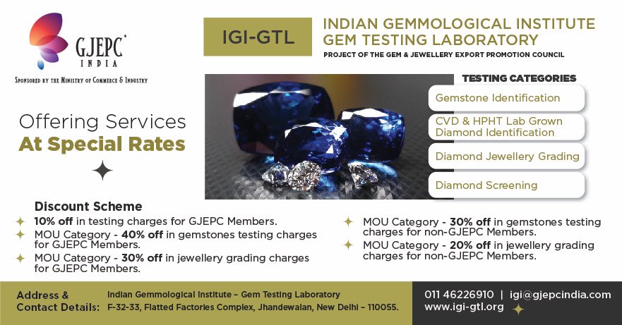 GJEPCIndia's tweet photo. IGI-GTL offering Gem Testing Facilities at a very special rates. Contact today!
#Gem #Testing #JewelleryGrading #Gemstone #DiamondScreening #GJEPC https://t.co/OwZ0UAPhMG