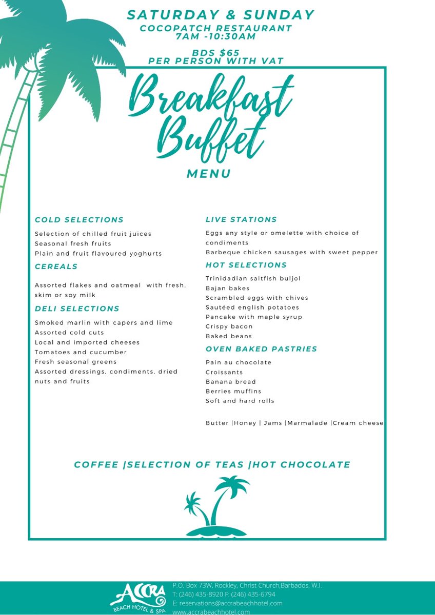 TELLBarbados's tweet photo. Cocopatch Restaurant Weekend Bkfast Menu!  Located at Accra Beach Hotel.  Please call us now to make reservations. https://t.co/ZAFkVDthUM https://t.co/hnUFkAGLq7