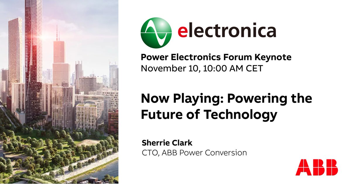 ABBelec's tweet photo. Save the date: ABB’s CTO of Power Conversion Sherrie Clark will explore how #powersystems will enable the #technology of the future at the virtual @electronicaFair #ele2020 conference. 

Register here: https://t.co/Lxg5My0hXM https://t.co/cvso1FJrjl