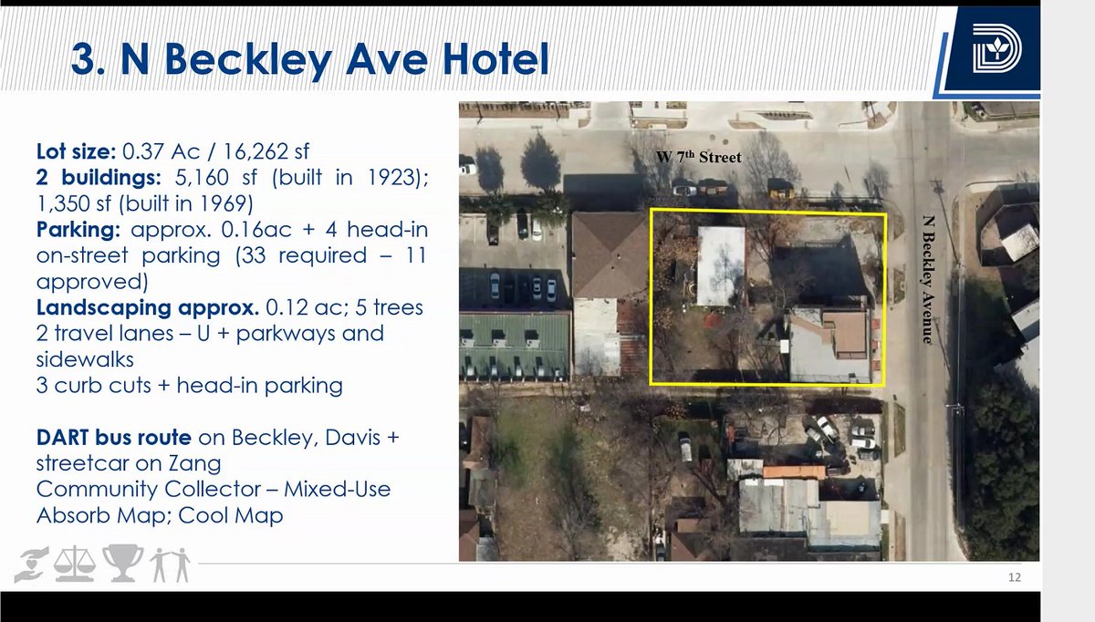 Now the tragic N Beckley Ave Hotel. Required 33 parking spaces, but could only provide 11 spaces. Sadly, the 1923 build caught fire and burned down. Thanks parking requirements.