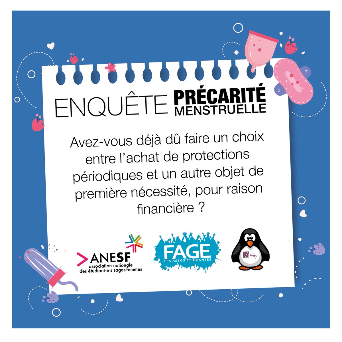 ANESF_FR's tweet photo. #PrécaritéMenstruelle | Les personnes réglées connaissent des difficultés pour s'acheter des #ProtectionsPeriodiques par manque de moyens financiers, les empêchant de vivre leurs règles dignement ❌

Vous pouvez toujours répondre au questionnaire ➡️
https://t.co/6OIJsqA4Qz https://t.co/XdyAnTXJvY
